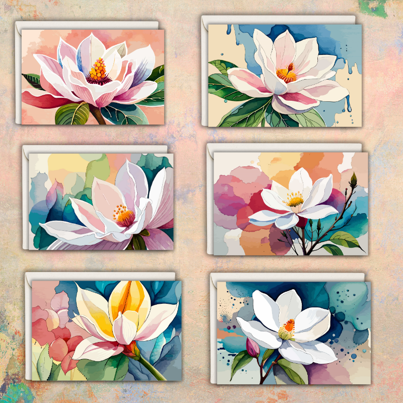 Magnolia Notecard Set – Pack of 6 Blank 5.5” x 4.25” Cards with Envelopes – Watercolor Floral Greeting Cards