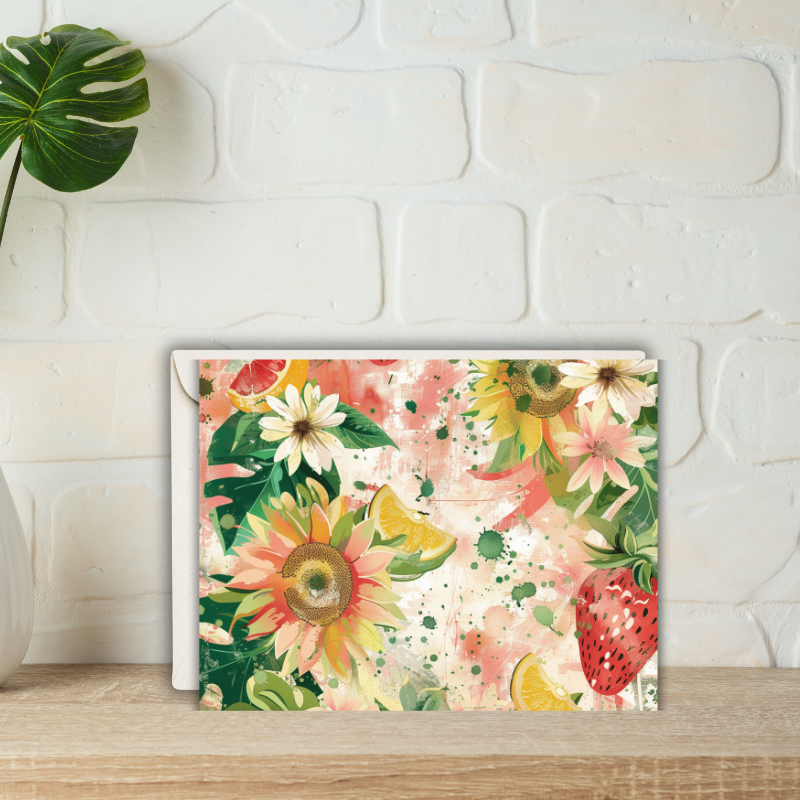 Tropical Floral Notecard Set – Pack of 8 Blank 5.5" x 4.25" Cards with Envelopes – Bright Fruit & Flower Designs