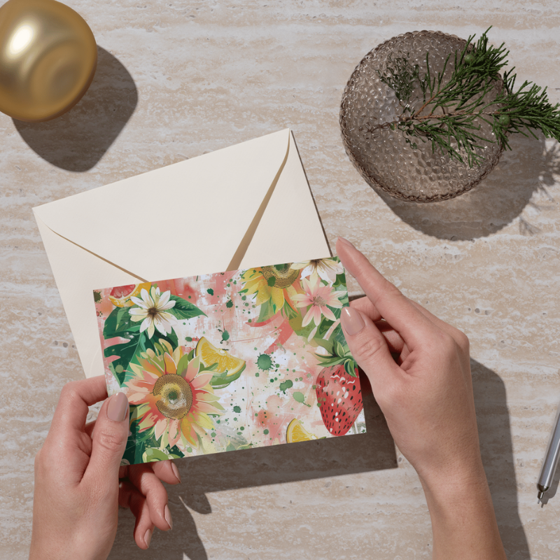 Tropical Floral Notecard Set – Pack of 8 Blank 5.5" x 4.25" Cards with Envelopes – Bright Fruit & Flower Designs