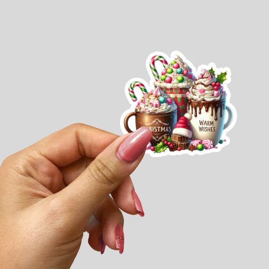 Christmas Hot Cocoa Sticker | Warm Wishes Holiday Mug Sticker | Cute Christmas Cup Vinyl Sticker for Laptops, Tumblers & Gifts