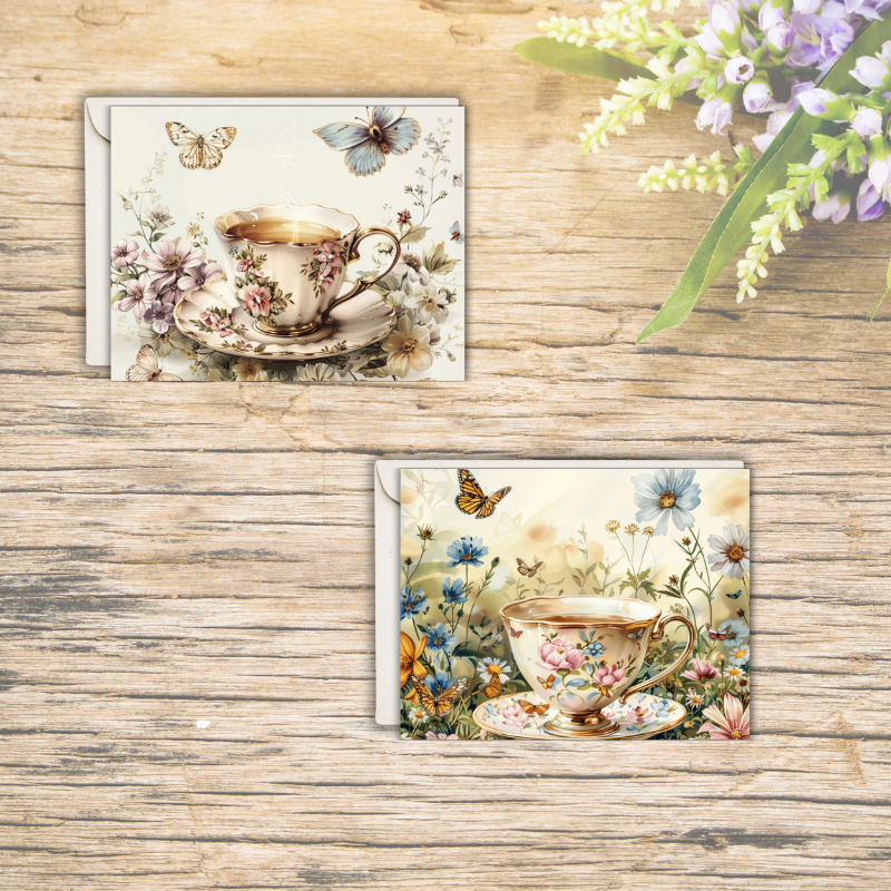 Tea & Tranquility Notecard Set – Pack of 4 Vintage Teacup Greeting Cards