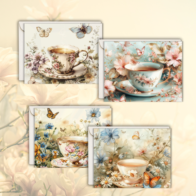 Tea & Tranquility Notecard Set – Pack of 4 Vintage Teacup Greeting Cards