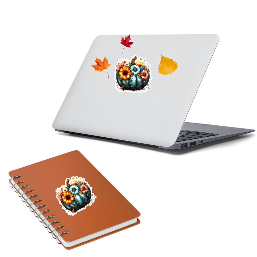 Blue Pumpkin with Bright Florals Waterproof Sticker – 3x3 Inch