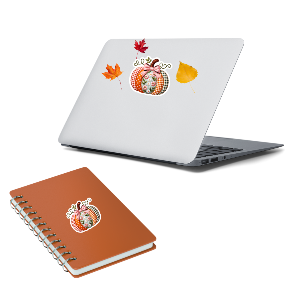 Patchwork Pumpkin with Bow Waterproof Sticker – 3x3 Inch