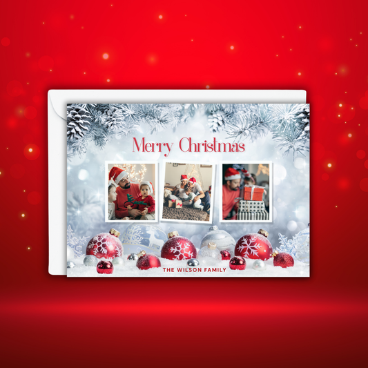 Personalized 7x5 Merry Christmas Multi-Photo Cards with Envelopes – Custom Family Holiday Card with Frosted Pine & Ornament Design – One-Sided Flat Cards – Set of 10 or 20