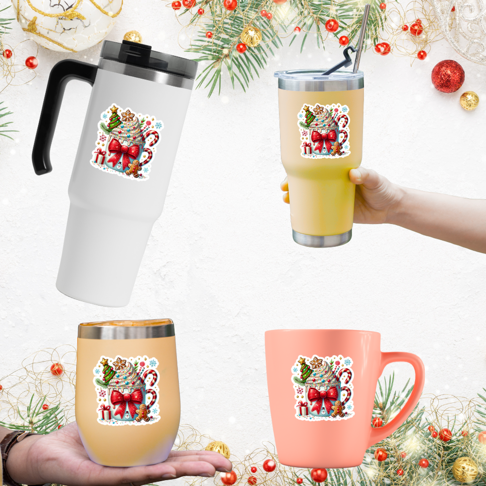Christmas Mug Sticker | Gingerbread & Candy Cane Hot Cocoa Sticker | Cute Holiday Vinyl Sticker for Gifts, Laptops & Tumblers