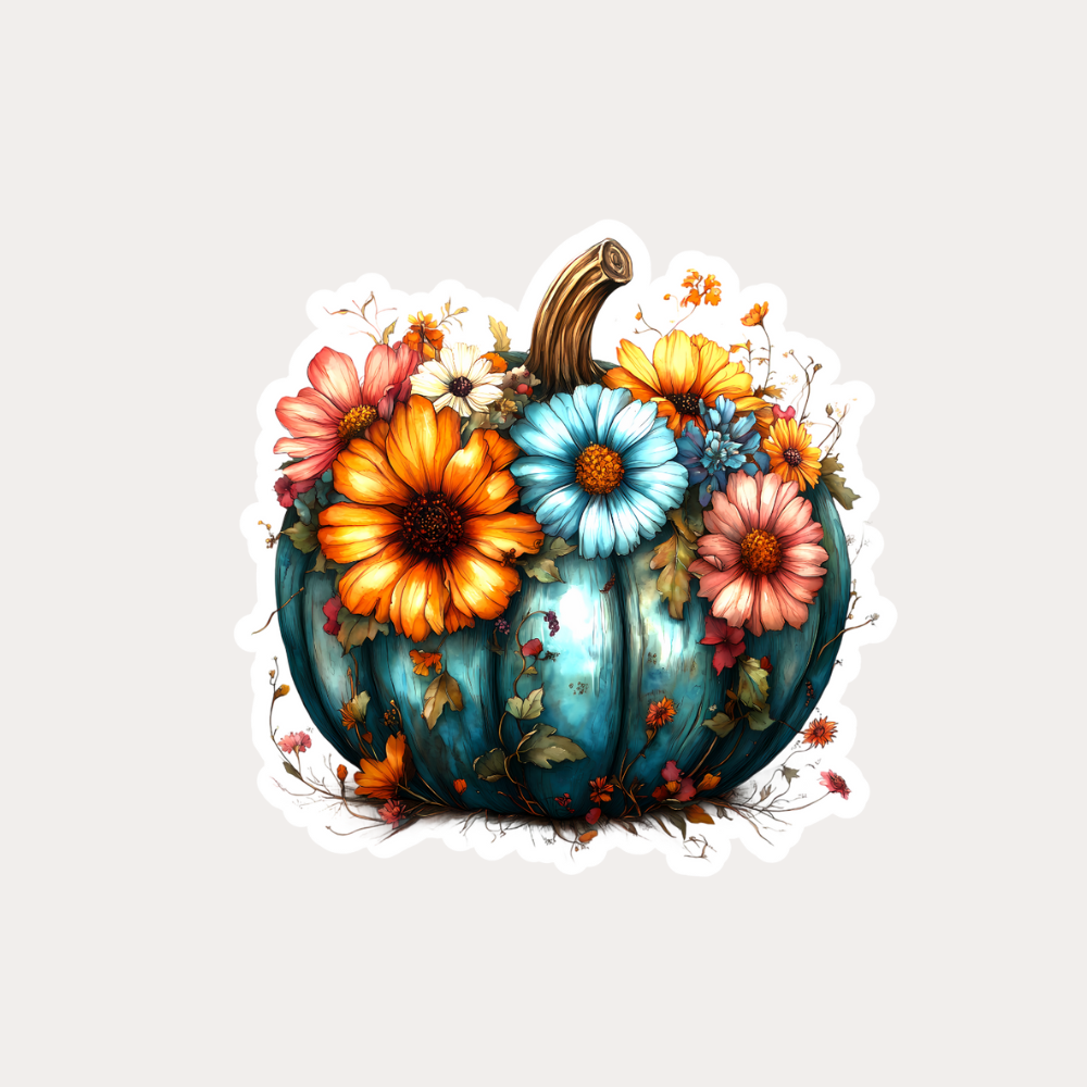 Blue Pumpkin with Bright Florals Waterproof Sticker – 3x3 Inch