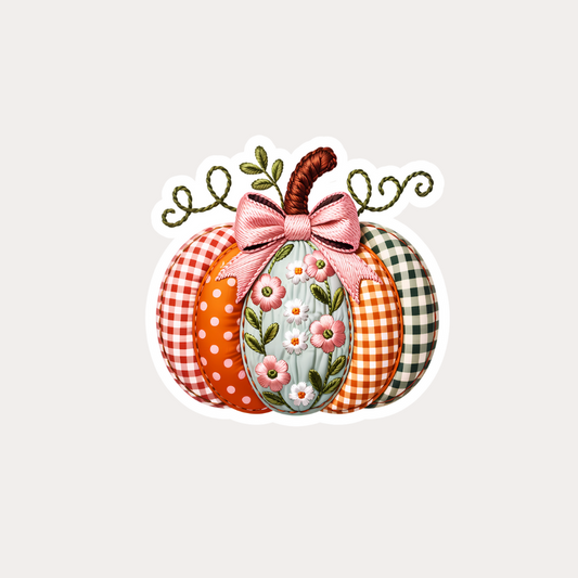Patchwork Pumpkin with Bow Waterproof Sticker – 3x3 Inch