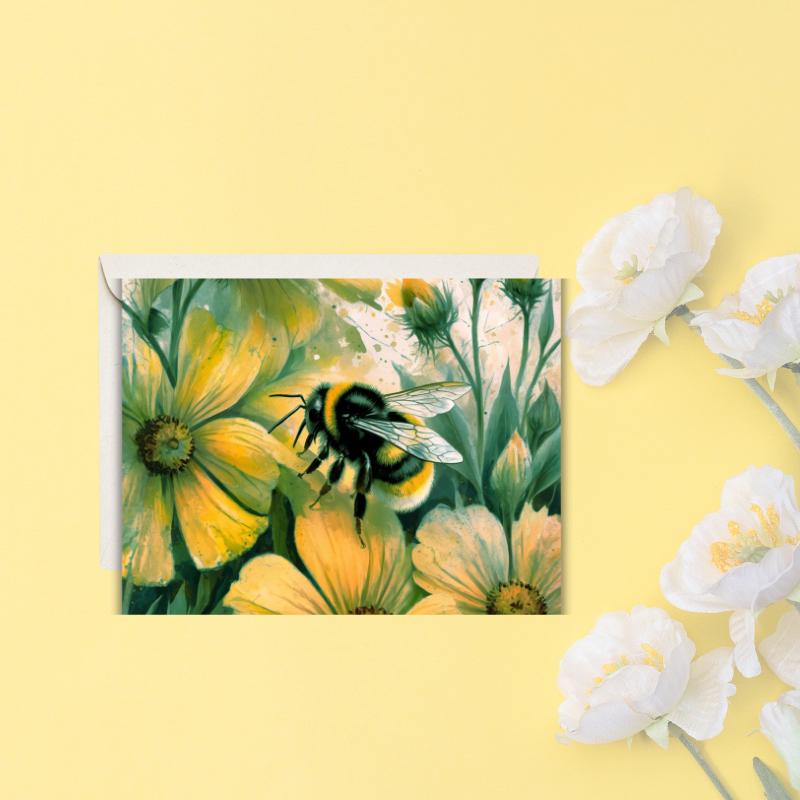 Bumble Bee Blossom Notecard Set – 4 Floral Bee Cards with Envelopes