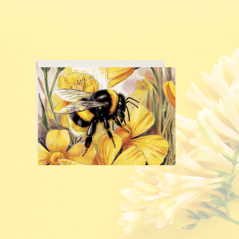Bumble Bee Blossom Notecard Set – 4 Floral Bee Cards with Envelopes