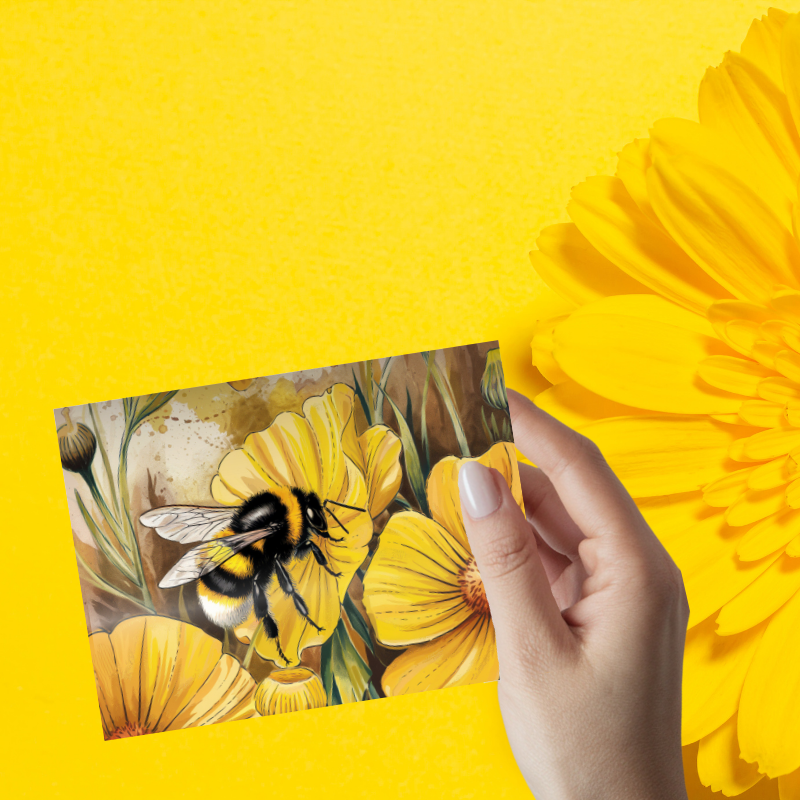 Bumble Bee Blossom Notecard Set – 4 Floral Bee Cards with Envelopes