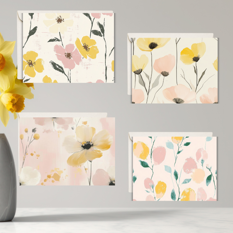 Pastel Bloom Notecard Set – 8 Blank Floral Cards with Envelopes & Pen in Kraft Gift Box