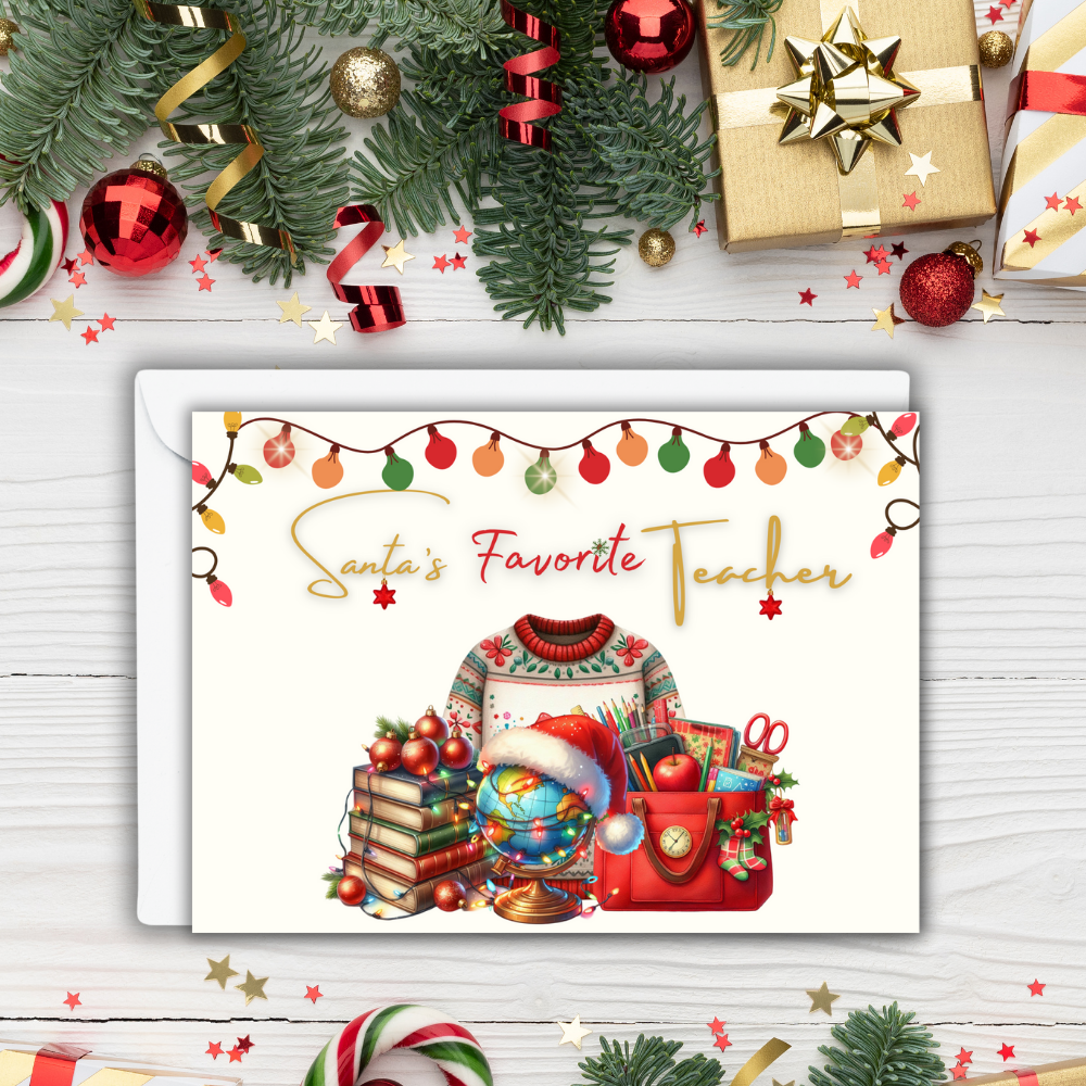 Santa’s Favorite Teacher Christmas Card | 7x5 Holiday Greeting Card with Envelope | Christmas Card for Teachers