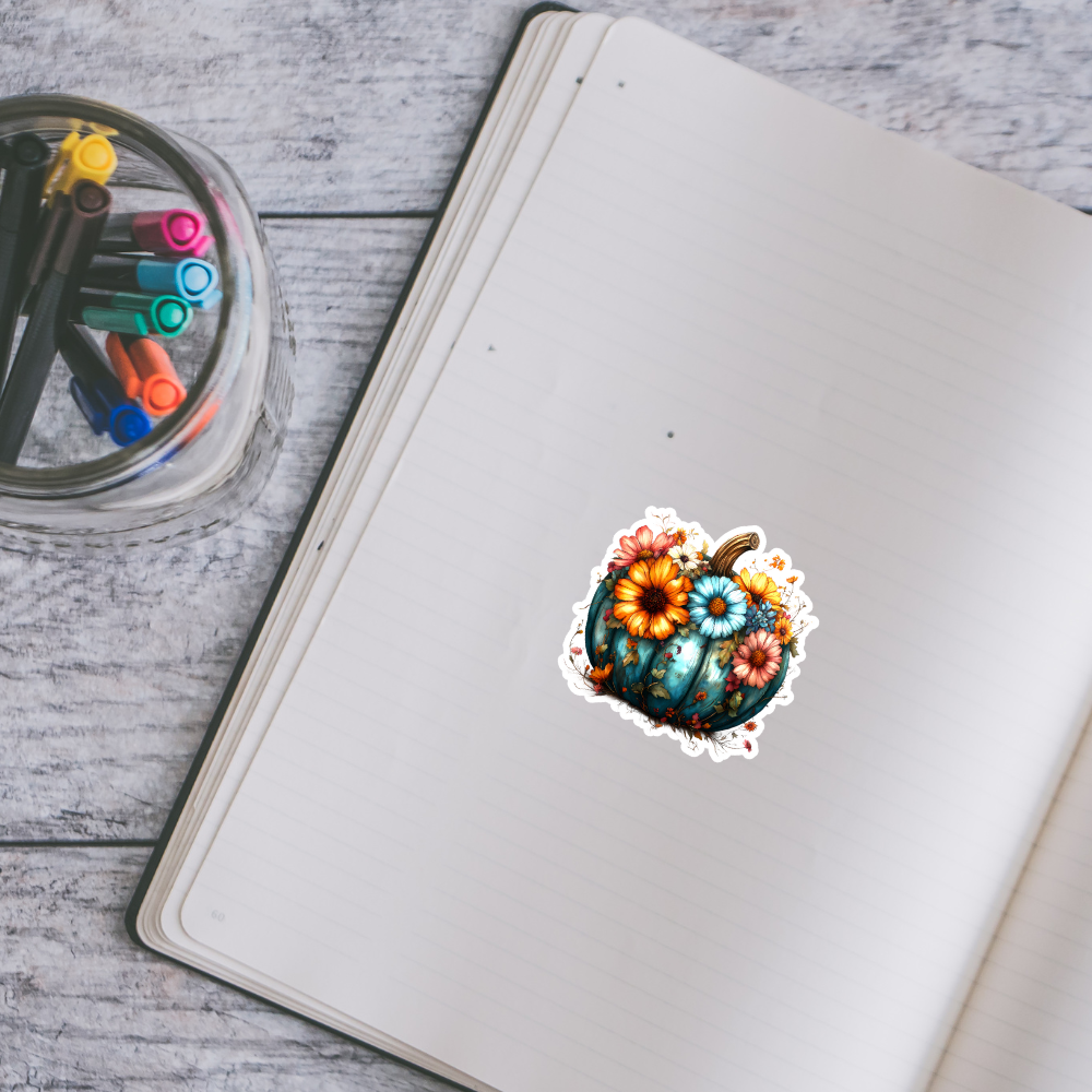 Blue Pumpkin with Bright Florals Waterproof Sticker – 3x3 Inch
