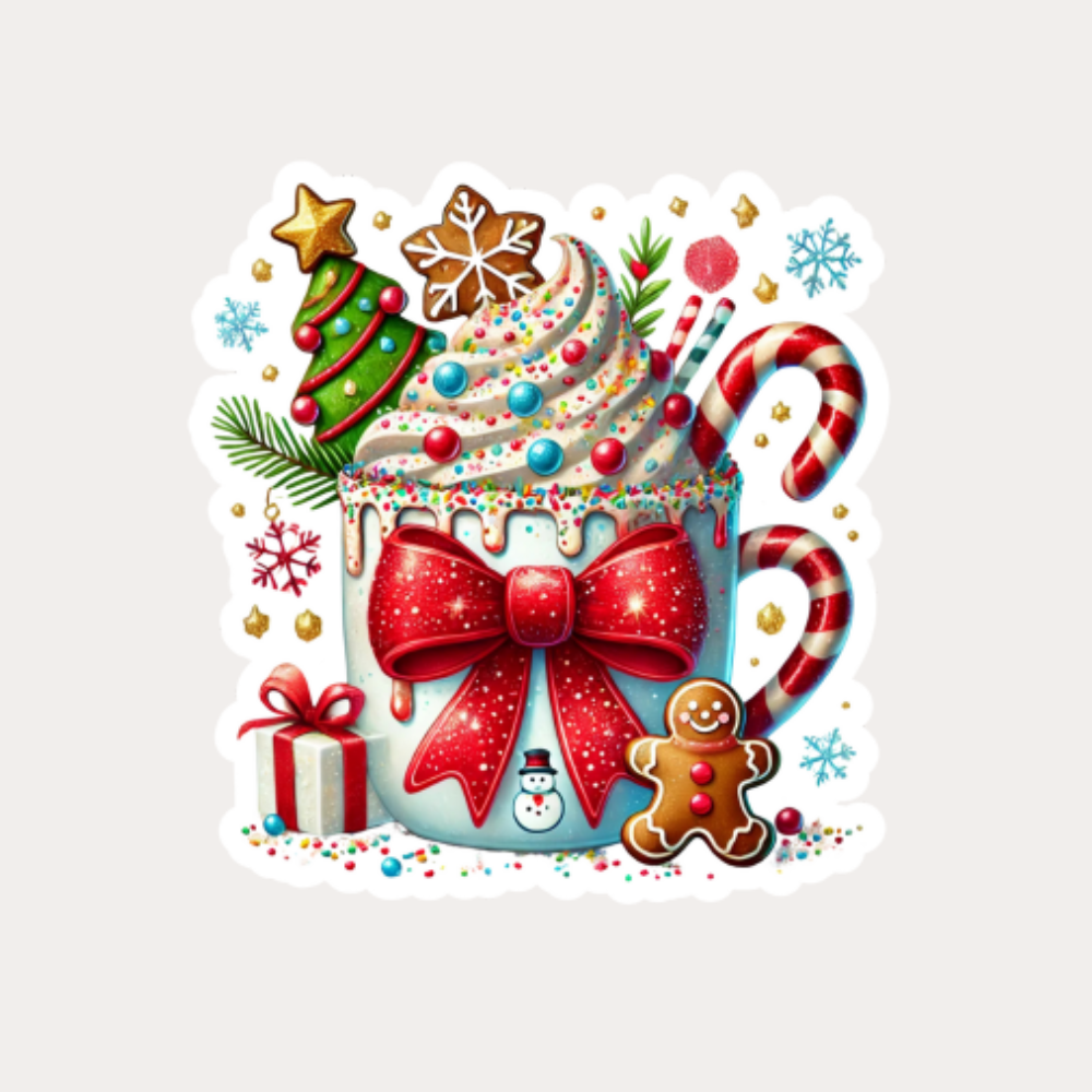 Christmas Mug Sticker | Gingerbread & Candy Cane Hot Cocoa Sticker | Cute Holiday Vinyl Sticker for Gifts, Laptops & Tumblers