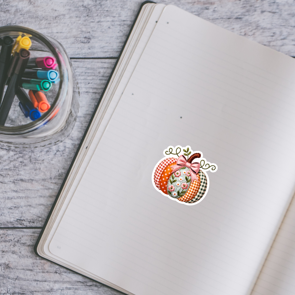 Patchwork Pumpkin with Bow Waterproof Sticker – 3x3 Inch