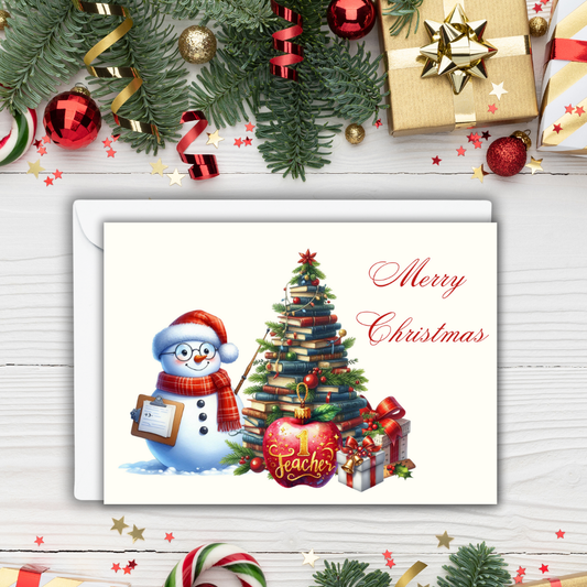 #1 Teacher Christmas Card | 7x5 Merry Christmas Greeting Card for Teachers | Holiday Card with Snowman and Book Tree