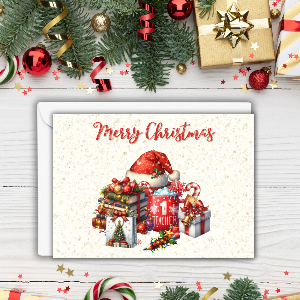 🎁 Merry Christmas Teacher Greeting Card – 7x5 Holiday Card with Envelope | Christmas Card for Teachers | Festive Educator Appreciation Card