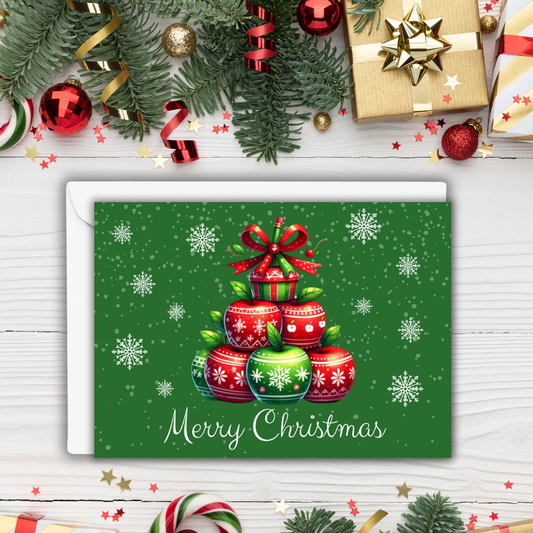 ChatGPT said:  🎄 Merry Christmas Apple Stack Greeting Card – 7x5 Holiday Card with Envelopes | Teacher Christmas Card | Festive Green & Red Ornament Design