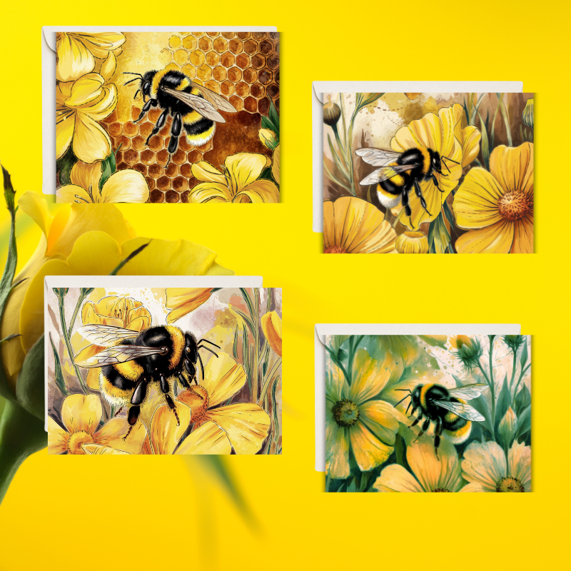 Bumble Bee Blossom Notecard Set – 4 Floral Bee Cards with Envelopes