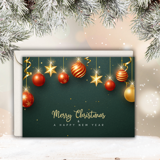Merry Christmas & Happy New Year Greeting Card – Red & Gold Ornaments (Optional Custom Inside Message)