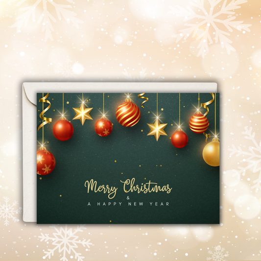 Merry Christmas & Happy New Year Greeting Card – Red & Gold Ornaments (Optional Custom Inside Message)