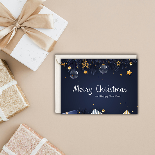 Merry Christmas & Happy New Year – Navy & Gold Glossy Greeting Card (Customization Optional)