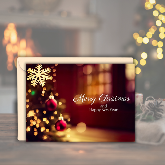 Merry Christmas & Happy New Year – Cozy Fireplace Glossy Greeting Card (Customization Optional)