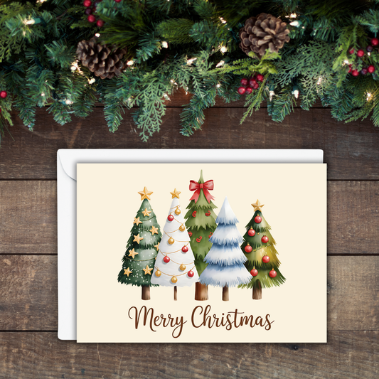 Merry Christmas – Five Festive Trees Matte Greeting Card (Customization Optional)