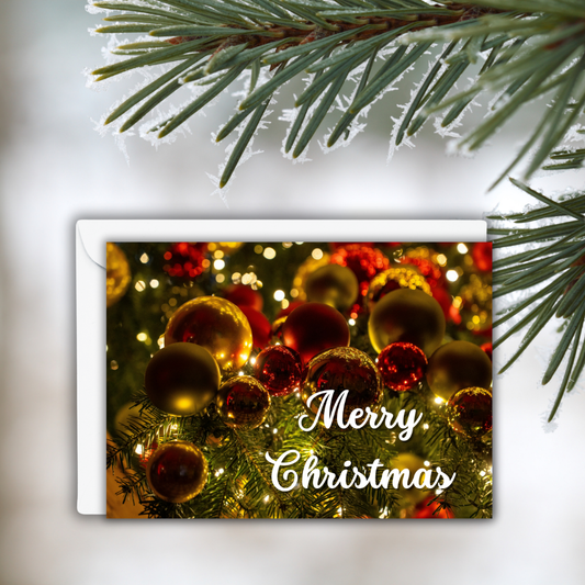 Merry Christmas – Red & Gold Ornaments Glossy Greeting Card (Customization Optional)