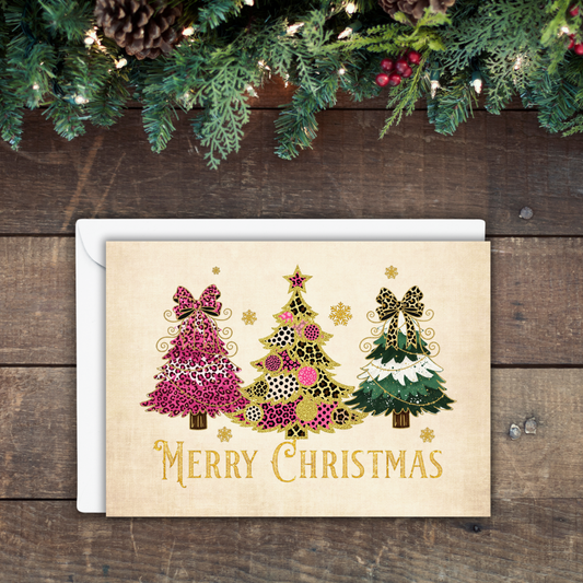 Merry Christmas – Chic Leopard & Gold Trees Glossy Greeting Card (Customization is optional)