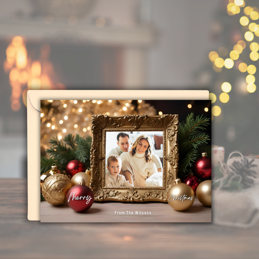 Personalized 7x5 Merry Christmas Gold Frame Photo Card – Custom One-Sided Flat Holiday Card with Envelopes – Elegant Ornament Design – Set of 10 or 20