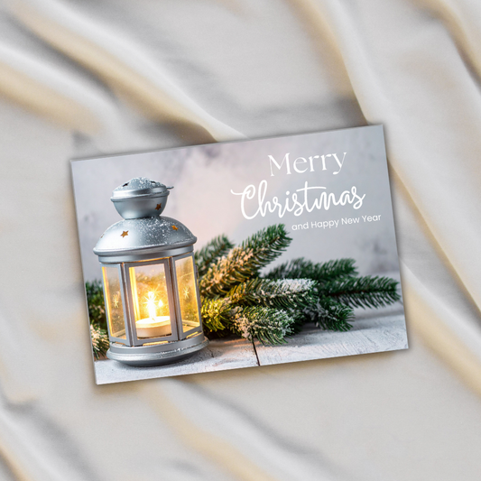Elegant Lantern Christmas Card | 7x5 Merry Christmas and Happy New Year Greeting | Holiday Card with Envelope