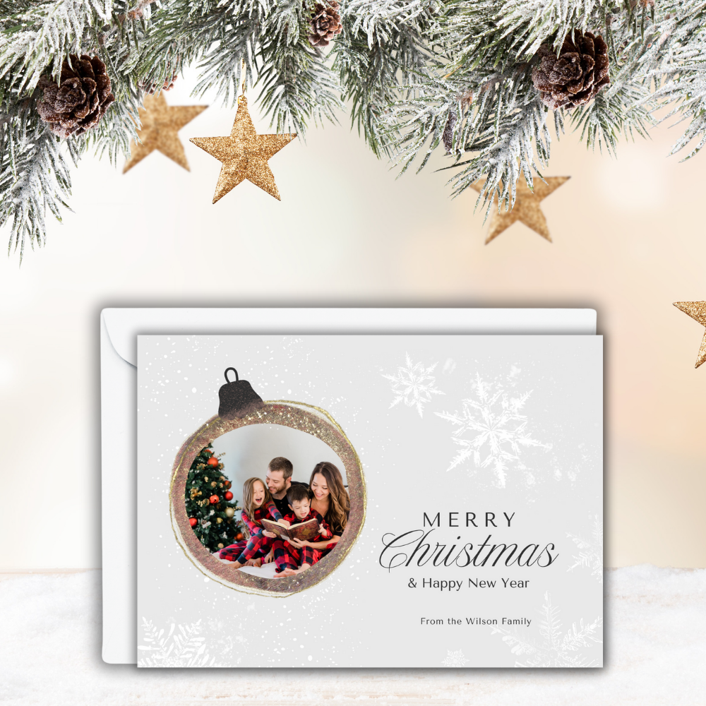 Personalized Merry Christmas Photo Card – 7x5 One-Sided Flat Holiday Card with Envelopes – Custom Family Photo Ornament Design – Set of 10 or 20