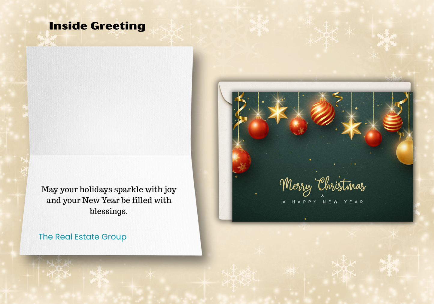 Merry Christmas & Happy New Year Greeting Card – Red & Gold Ornaments (Optional Custom Inside Message)