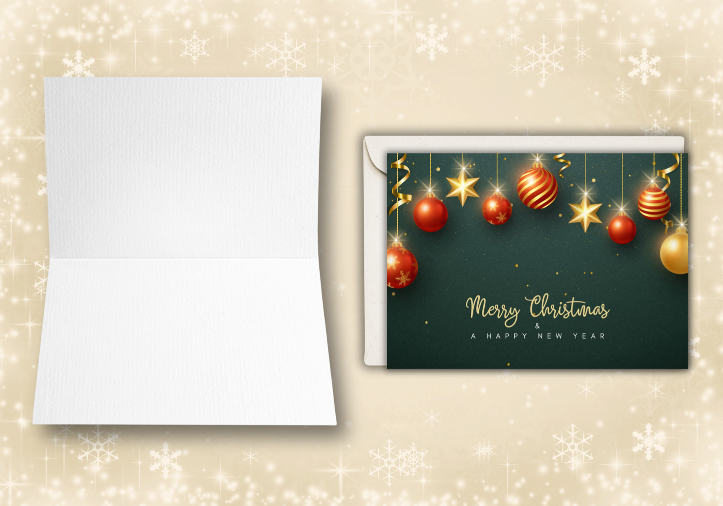 Merry Christmas & Happy New Year Greeting Card – Red & Gold Ornaments (Optional Custom Inside Message)
