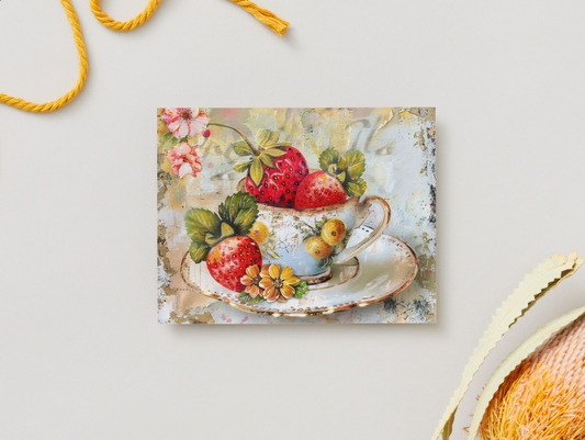 Strawberry Tea Cup Notecard Set - Pack of 4
