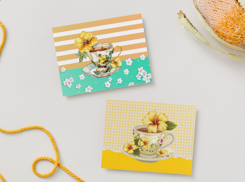 Vintage Floral Teacup Notecards – Set of 4 with Envelopes