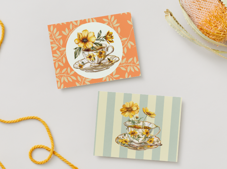 Vintage Floral Teacup Notecards – Set of 4 with Envelopes