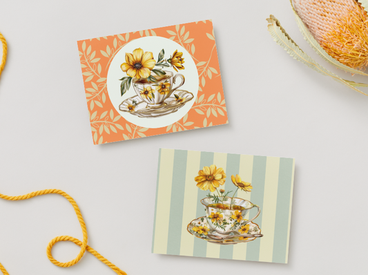 Vintage Floral Teacup Notecards – Set of 4 with Envelopes