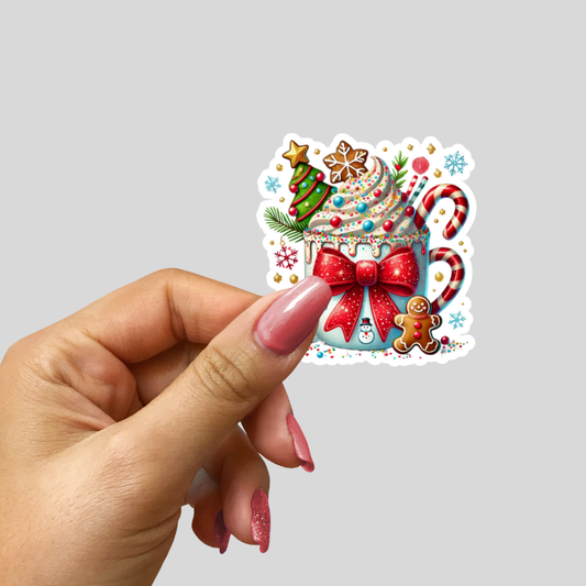 Christmas Mug Sticker | Gingerbread & Candy Cane Hot Cocoa Sticker | Cute Holiday Vinyl Sticker for Gifts, Laptops & Tumblers