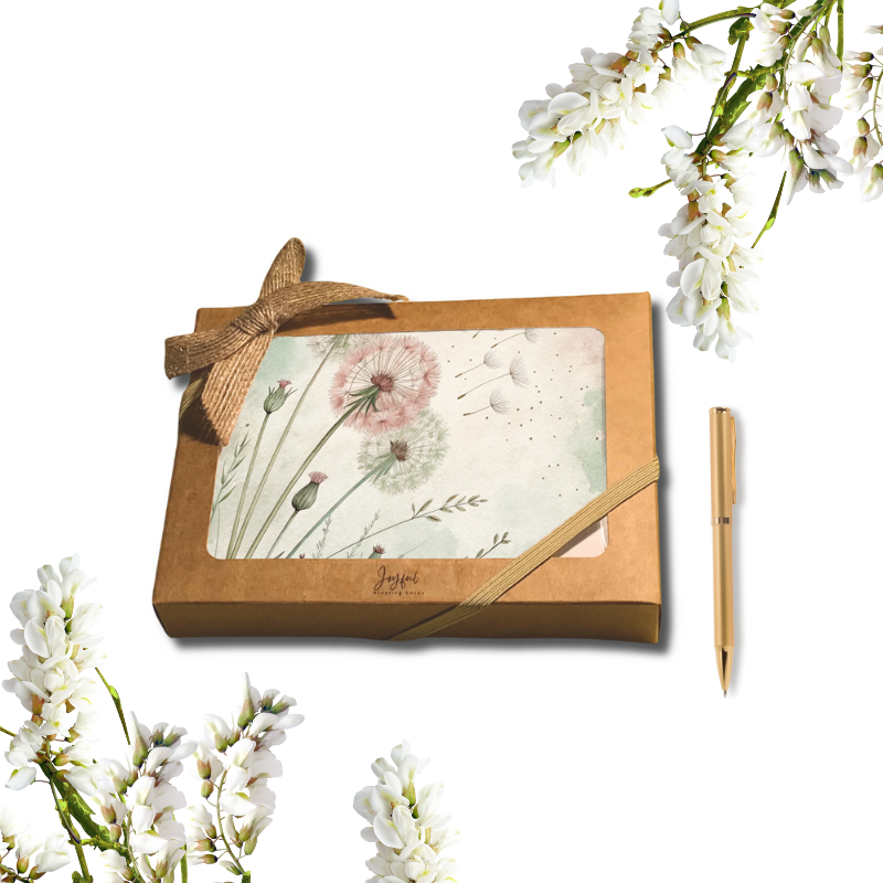Whispers of Wishes Dandelion Notecard Set – 8 Blank Cards with Envelopes & Pen in Kraft Gift Box