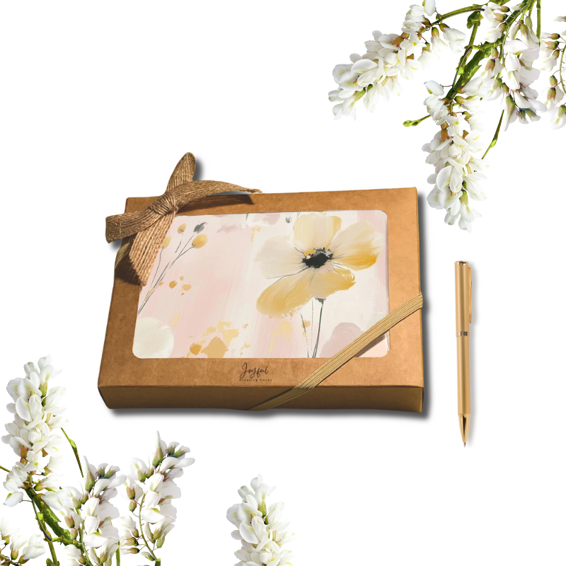Pastel Bloom Notecard Set – 8 Blank Floral Cards with Envelopes & Pen in Kraft Gift Box