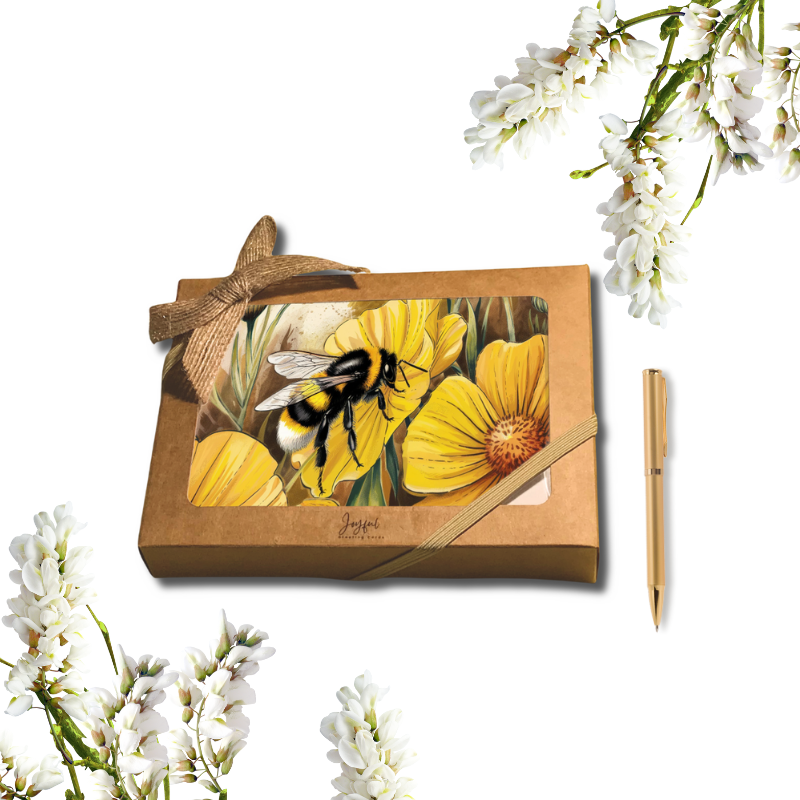 Bumble Bee Blossom Notecard Set – 8 Floral Bee Cards with Envelopes & Pen