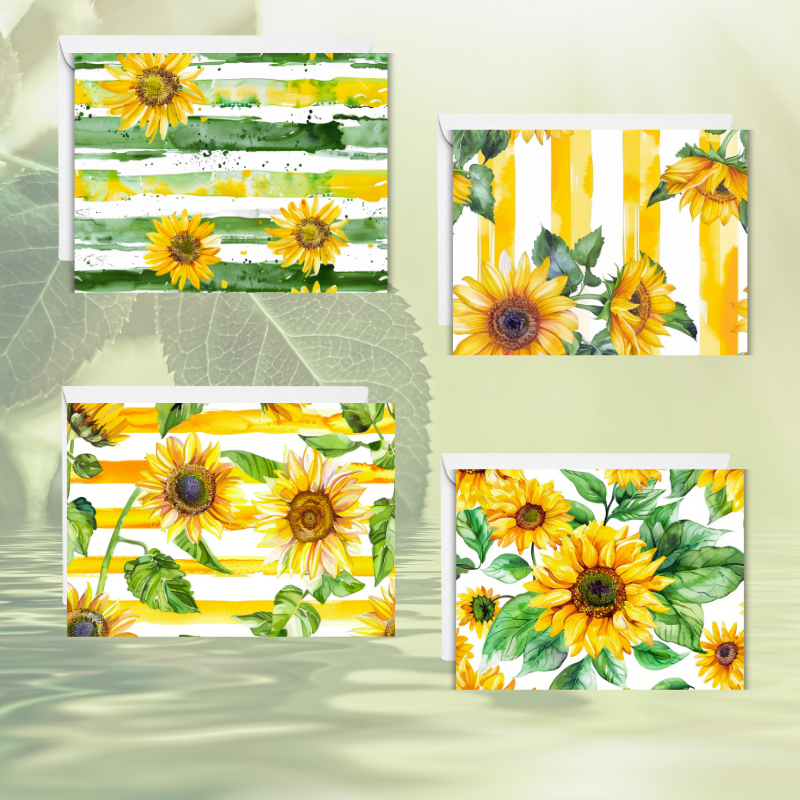 🌻 Sunflower Notecard Set – Pack of 4 Blank Greeting Cards with Envelopes – 5.5x4.25" Vibrant Watercolor Designs