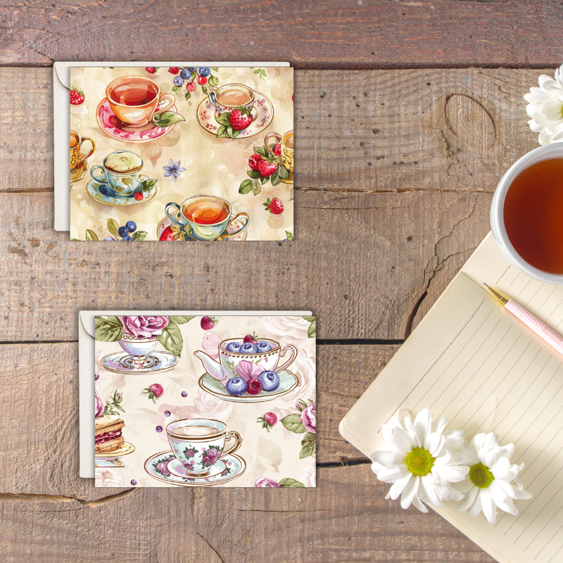 Elegant Vintage Tea Set Notecards - Set of 4
