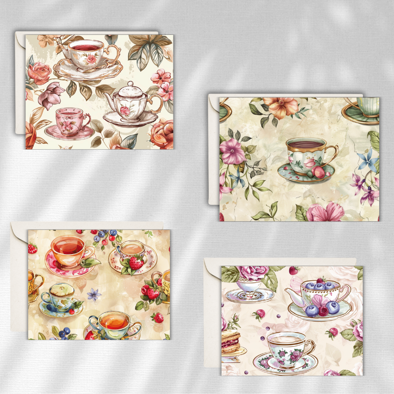 Elegant Vintage Tea Set Notecards - Set of 4
