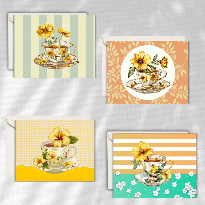 Vintage Floral Teacup Notecards – Set of 4 with Envelopes